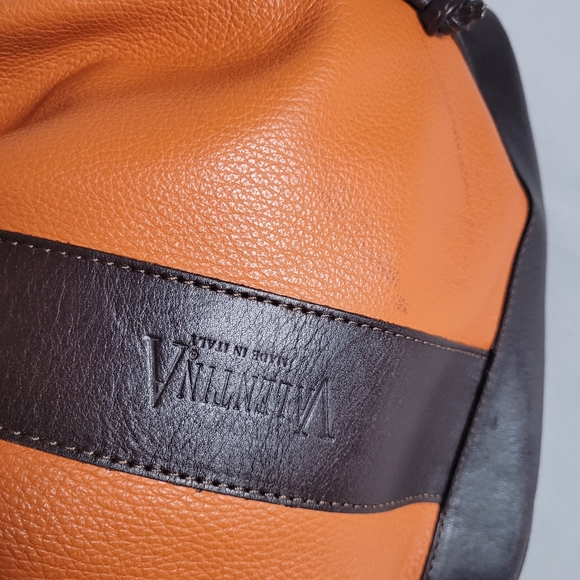 Valentina Orange Brown Genuine Leather Bucket Shoulder Bag Italy - Picture 5 of 13